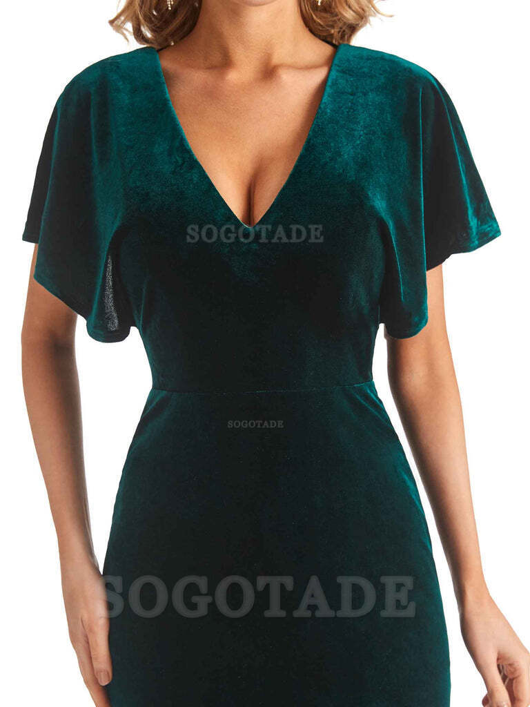 Mermaid Cultivate oneself V-Neck Short Sleeves Side Slit Velvet Long Elegant Simple Bridesmaid Dresses Formal Women's Dresses Wedding Guests Dresses