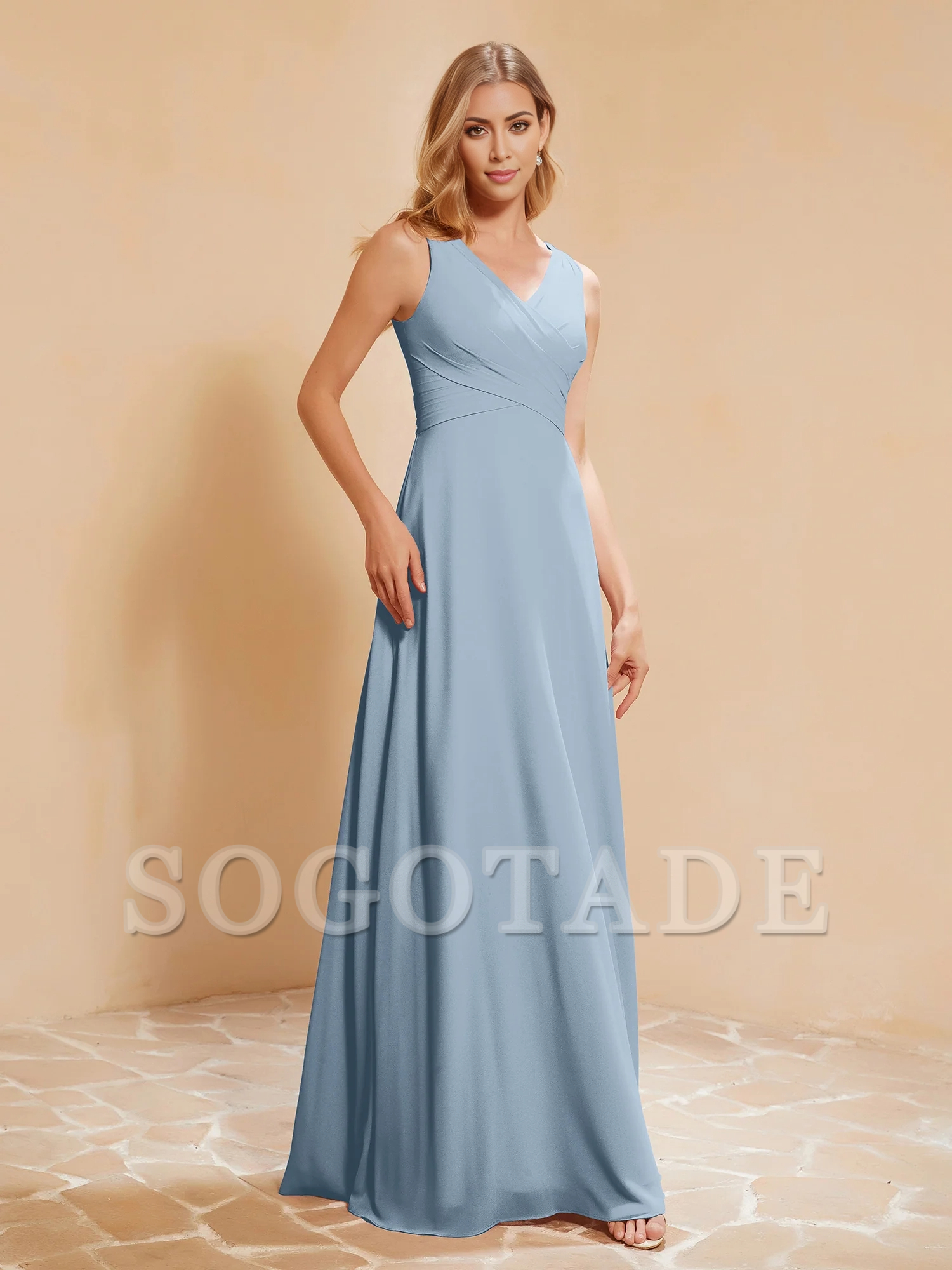 Bow pleated V-neck chiffon A-line dress