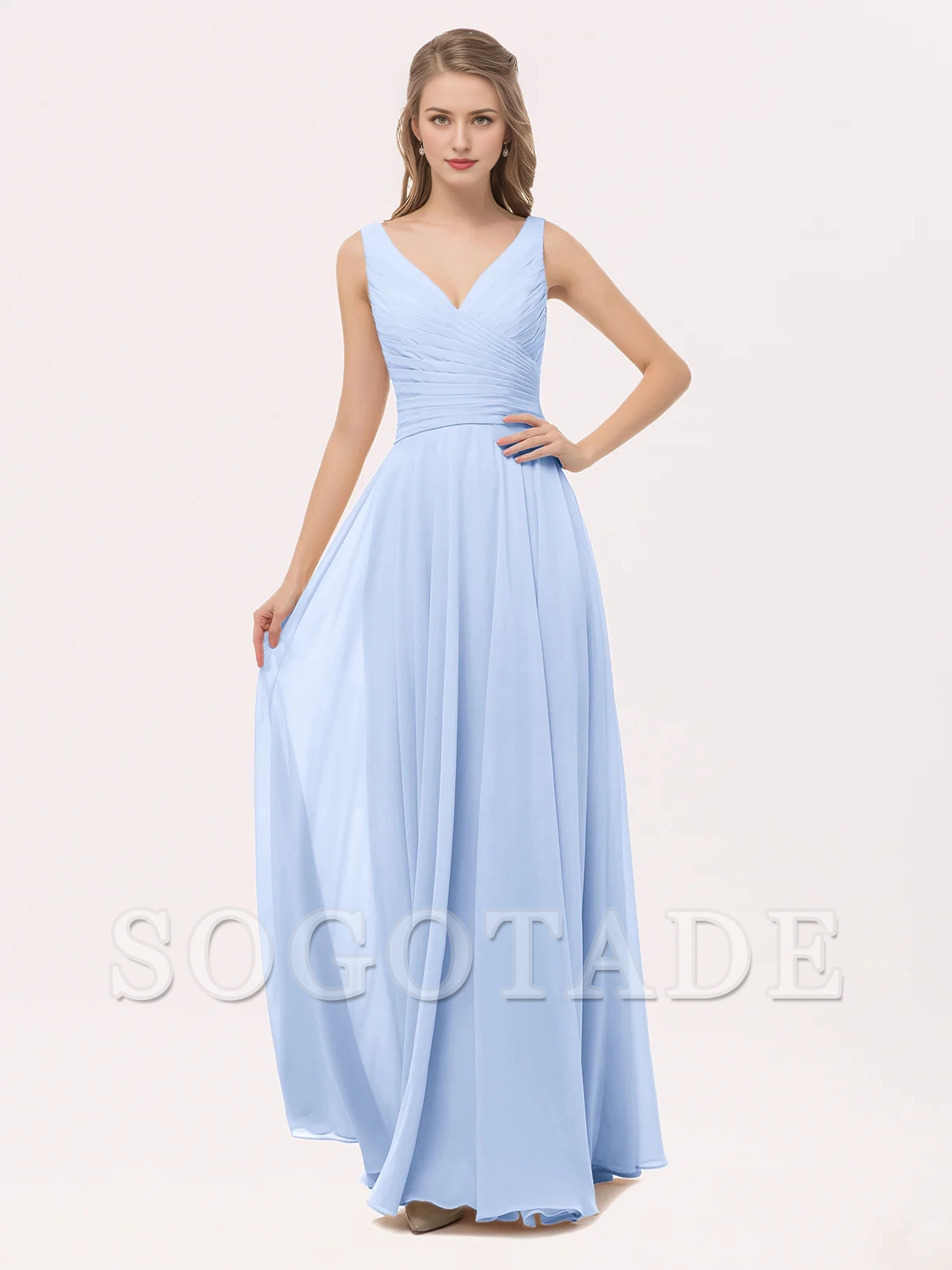 V-neck bow chiffon long bridesmaid dress