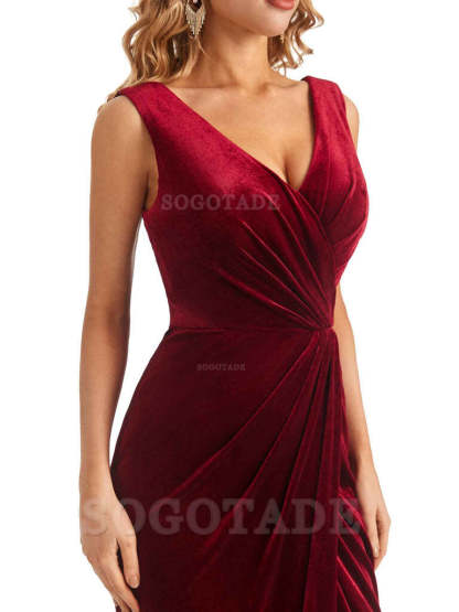 Sexy Deep V-Neck Sheath Velvet Side Slit Long Elegant Bridesmaid Dresses Formal Women's Dresses Wedding Guests Dresses