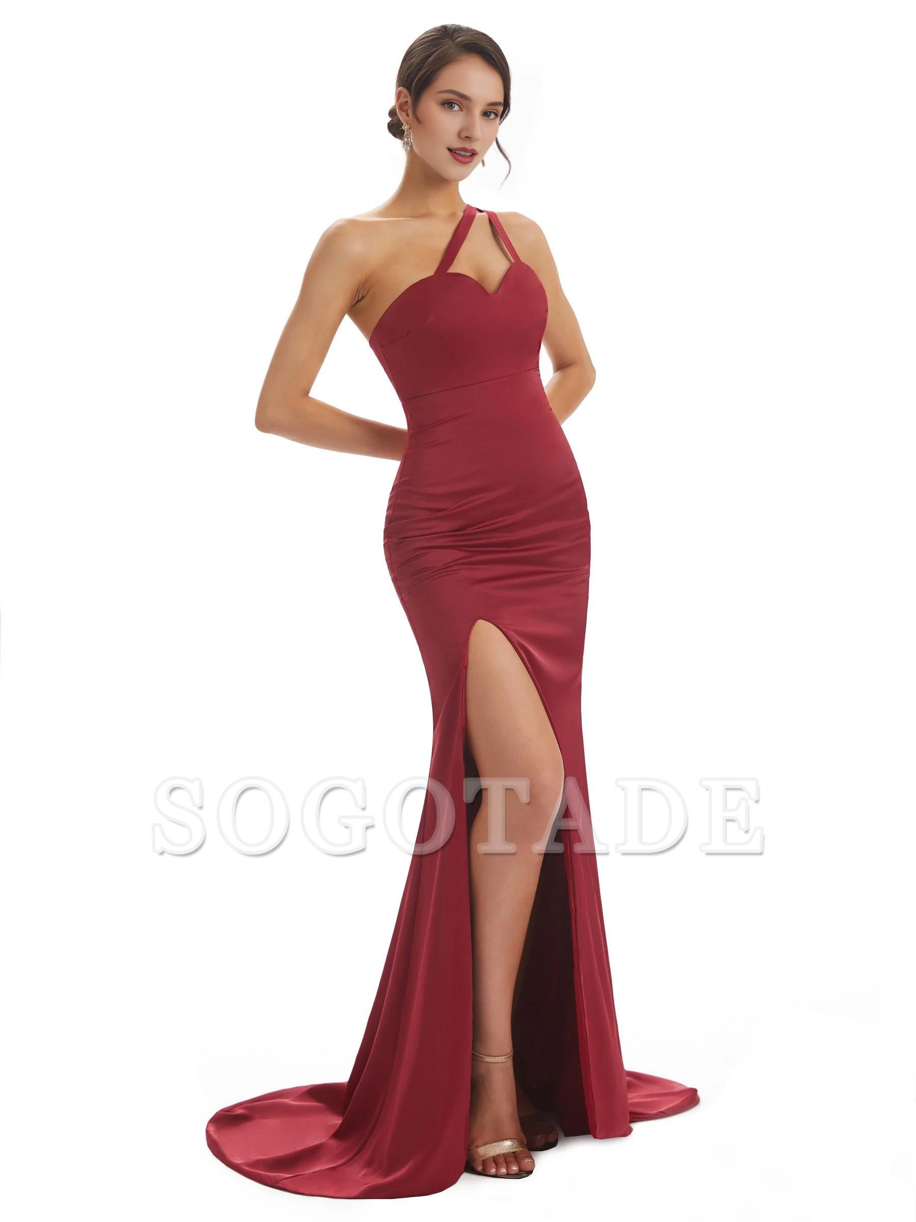 Sexy shoulder soft satin side slit fish tail long bridesmaid dress