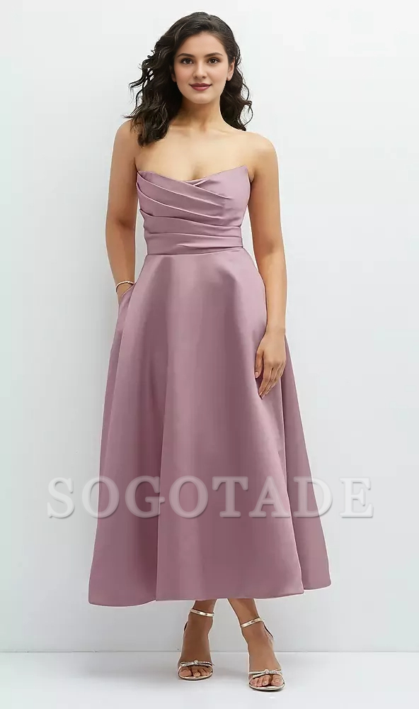 Hanging pleated tight corset strapless satin Prom dress