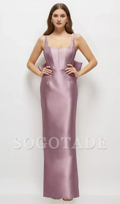 Bow low round neck tight corset satin and floor length bridesmaid dress