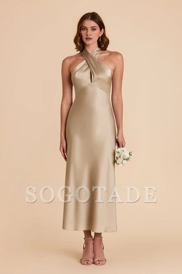 Rear tie neck matte satin and ankle length bridesmaid dress