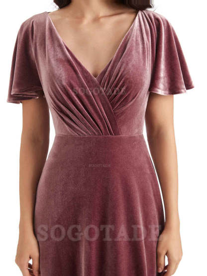 V-Neck Sexy See Through Short Sleeves Lace up Velvet Long Bridesmaid Dresses Formal Women's Dresses Wedding Guests Dresses