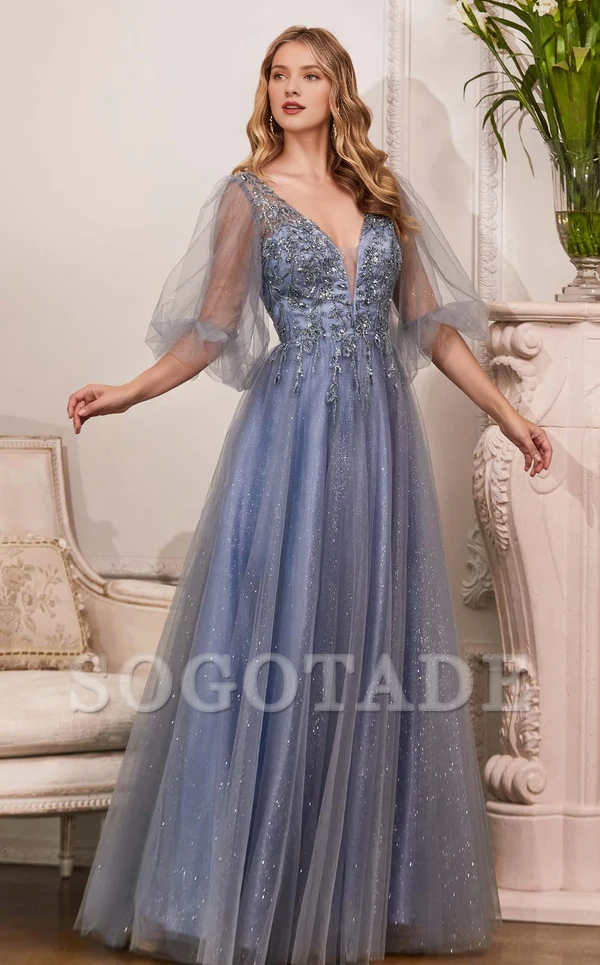 Deep V-neck tight corset lace applique mesh skirt body and floor length Prom dress