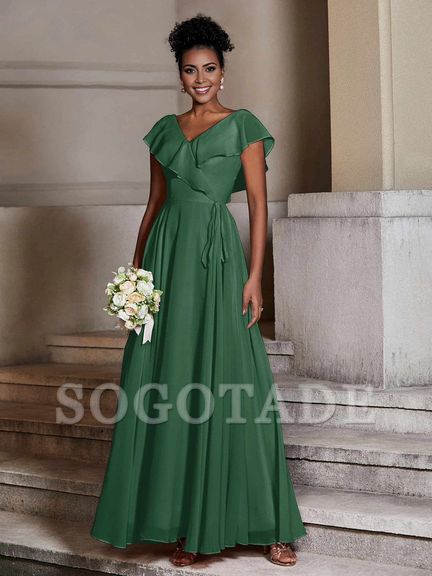 V-neck hooded chiffon dress