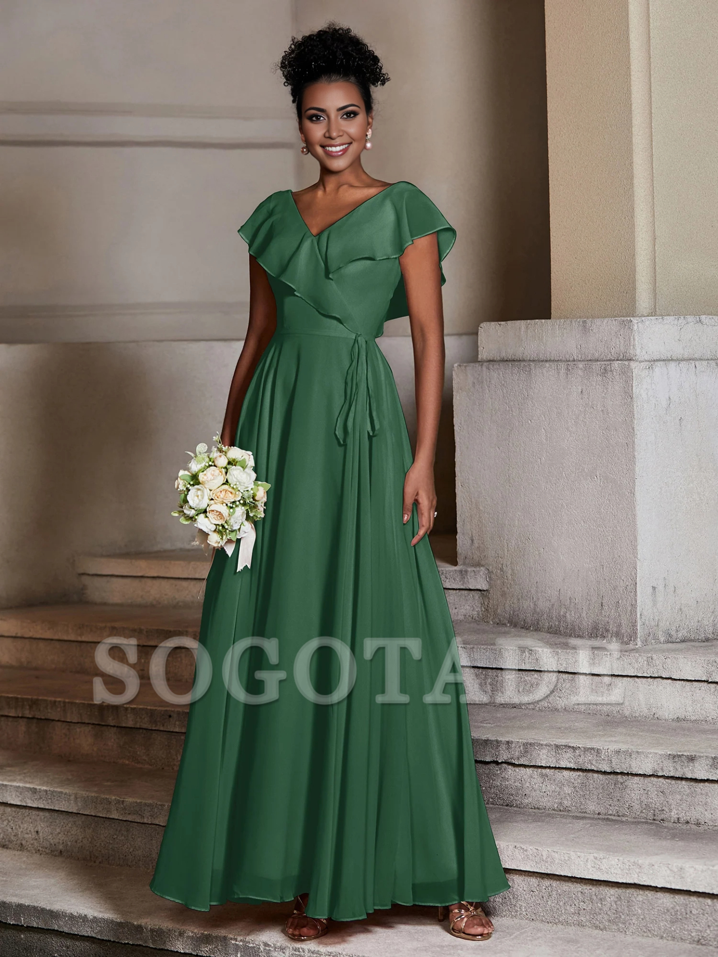 V-neck hooded chiffon dress