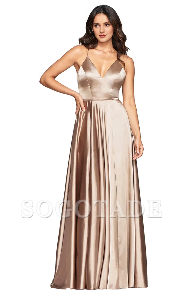 Deep V-neck sleeveless fitted side slit and floor length evening dress