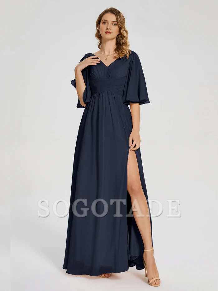 V-neck half sleeved chiffon mother of the bride dress