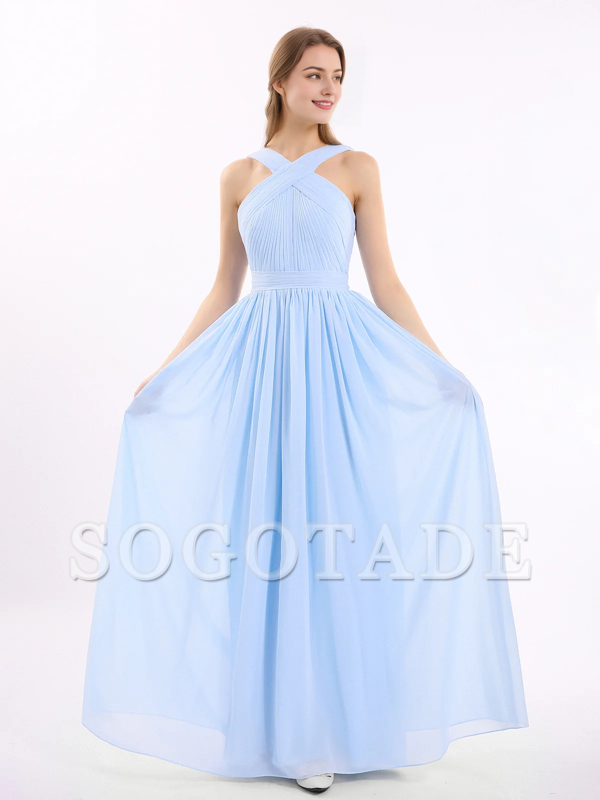 Bow front cross chiffon long dress