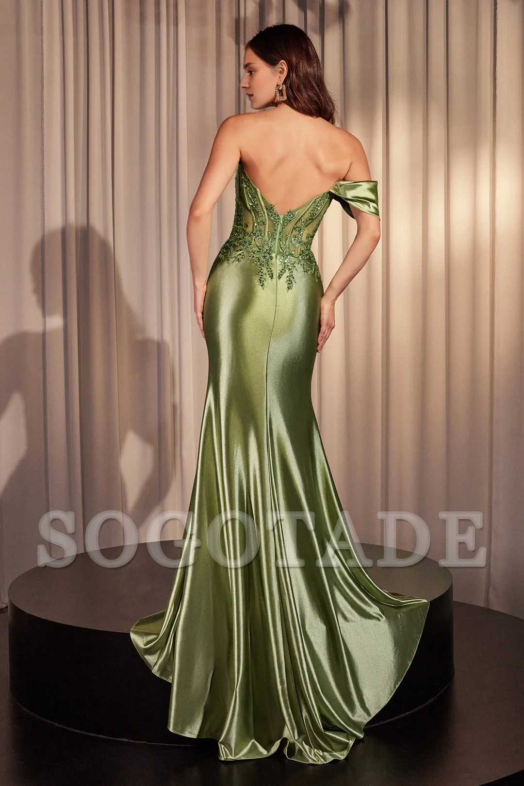 Lace applique long one shoulder satin dress