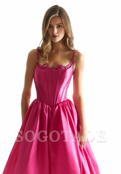 Satin square neckline beaded bone tight corset for evening dress