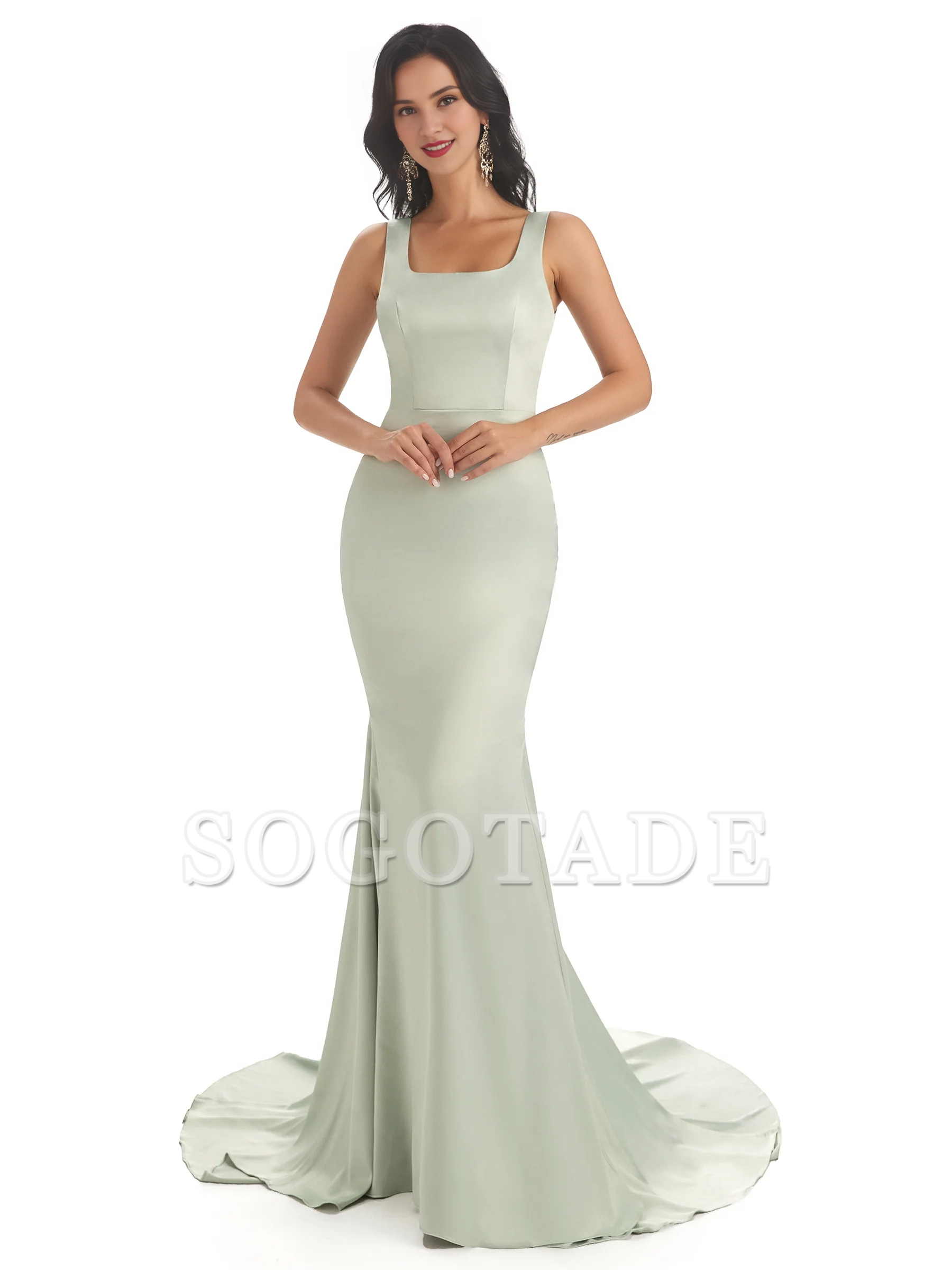Soft satin unique square neck extra long fish tail bridesmaid dress
