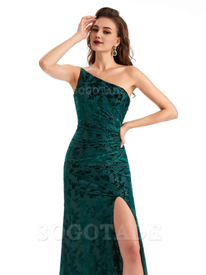 Charming Sexy One Shoulder Side Slit Mermaid Floral Velvet Long Exquisite Bridesmaid Dresses Formal Women's Dresses Wedding Guests Dresses