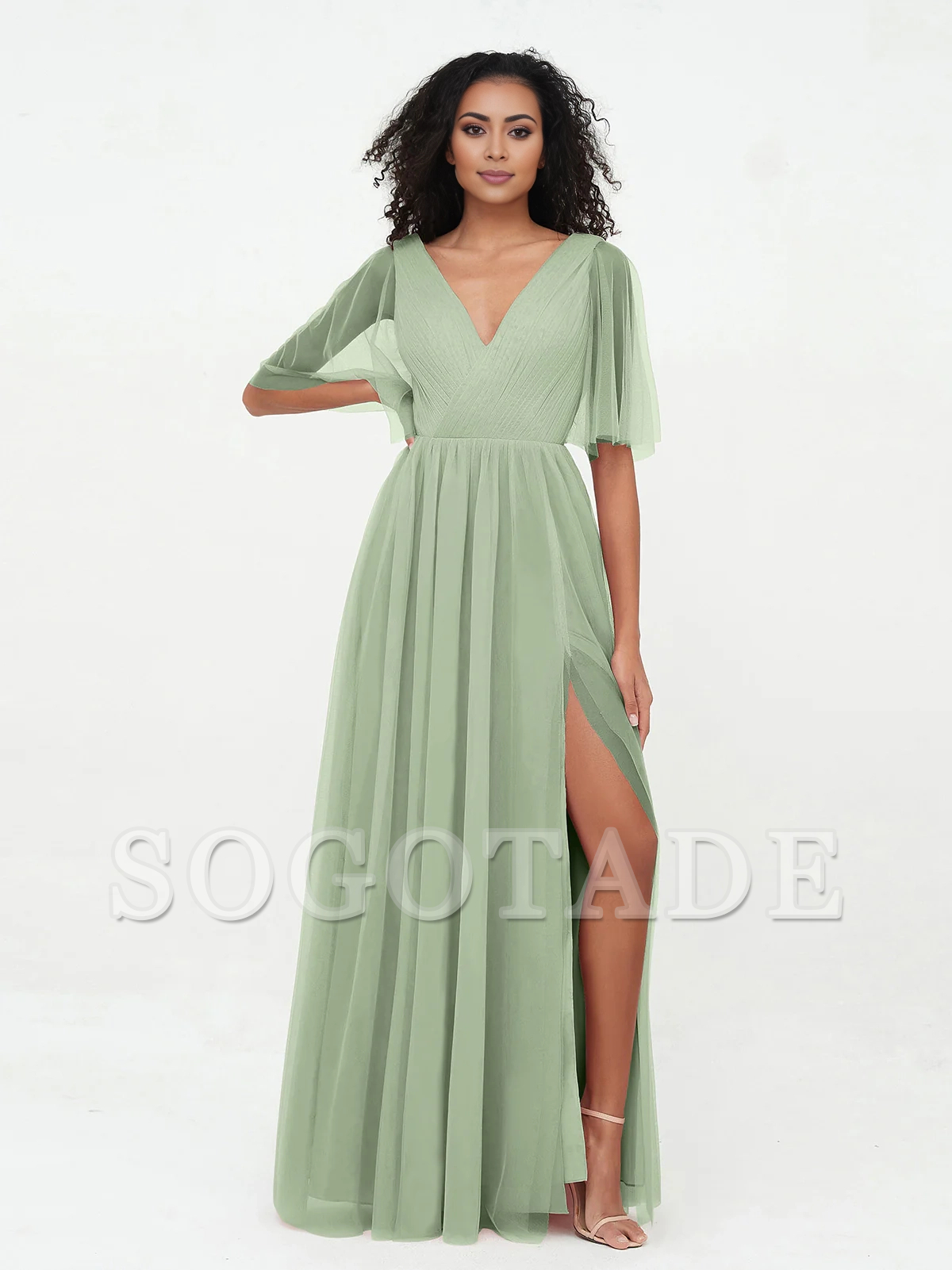 A-line V-neck chiffon Max deep V-back dress