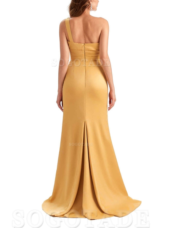 Charming Sexy Unique Side Slit Mermaid Silky One Shoulder Long Bridesmaid Dresses Formal Women's Dresses Wedding Guests Dresses