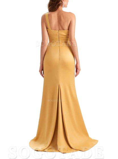 Charming Sexy Unique Side Slit Mermaid Silky One Shoulder Long Bridesmaid Dresses Formal Women's Dresses Wedding Guests Dresses