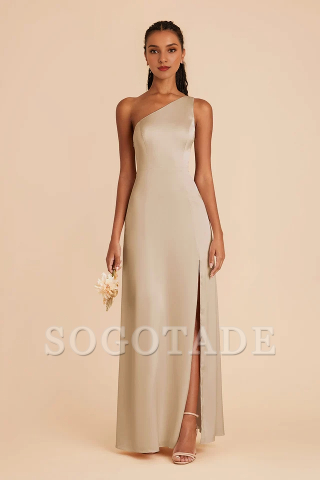 One shoulder collar fully lined trumpet shaped mermaid slit bridesmaid dress