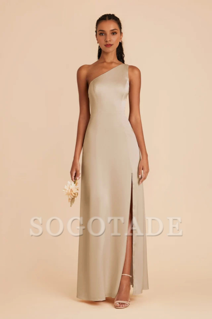 One shoulder collar fully lined trumpet shaped mermaid slit bridesmaid dress