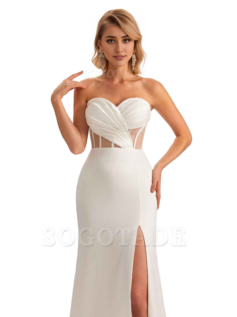 Sexy Sweetheart Strapless Side Slit Mermaid Soft Satin Unique Long Bridesmaid Dress For Wedding