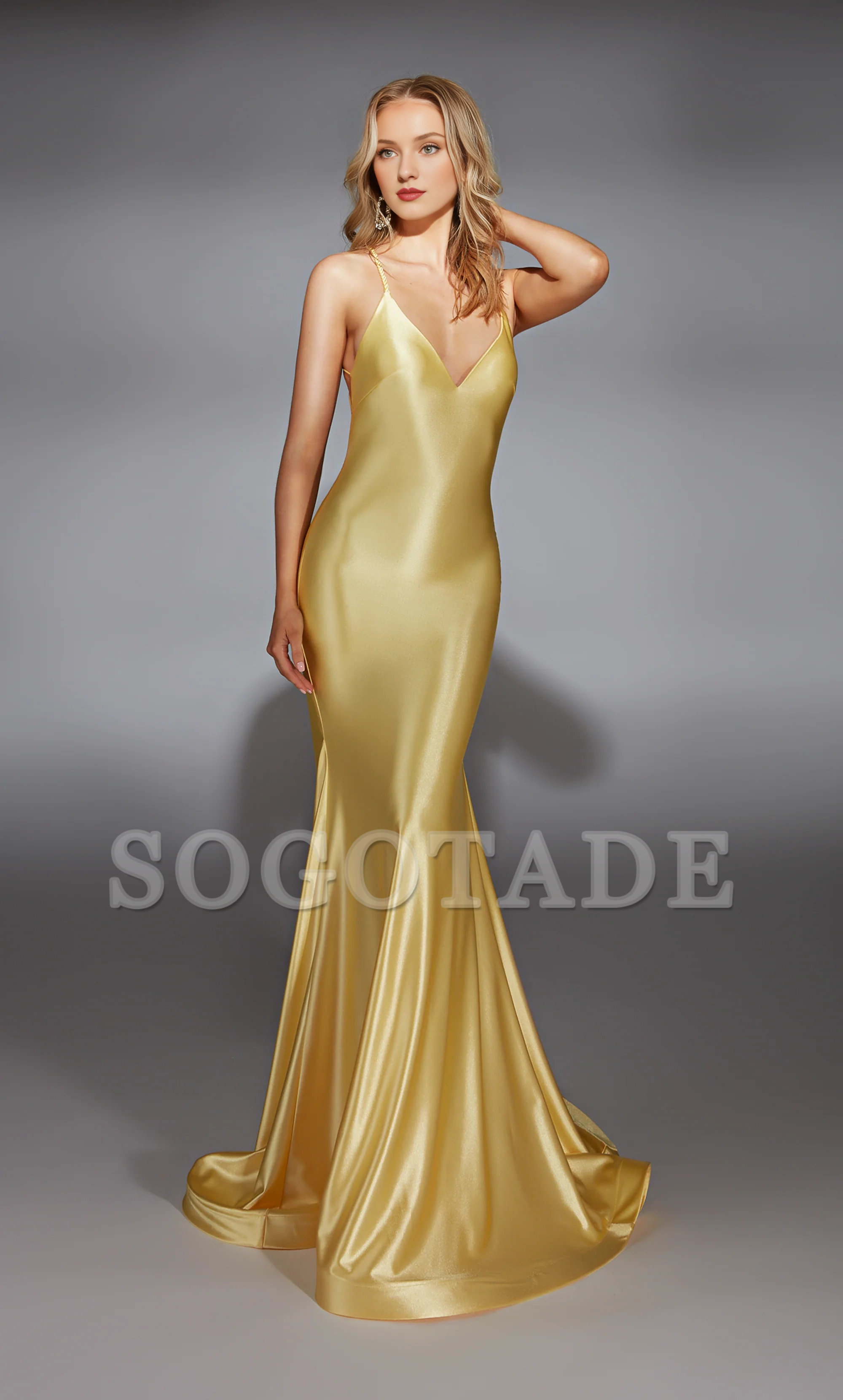 Satin V-neck slim fit evening gown trumpet shaped backless long formal dress
