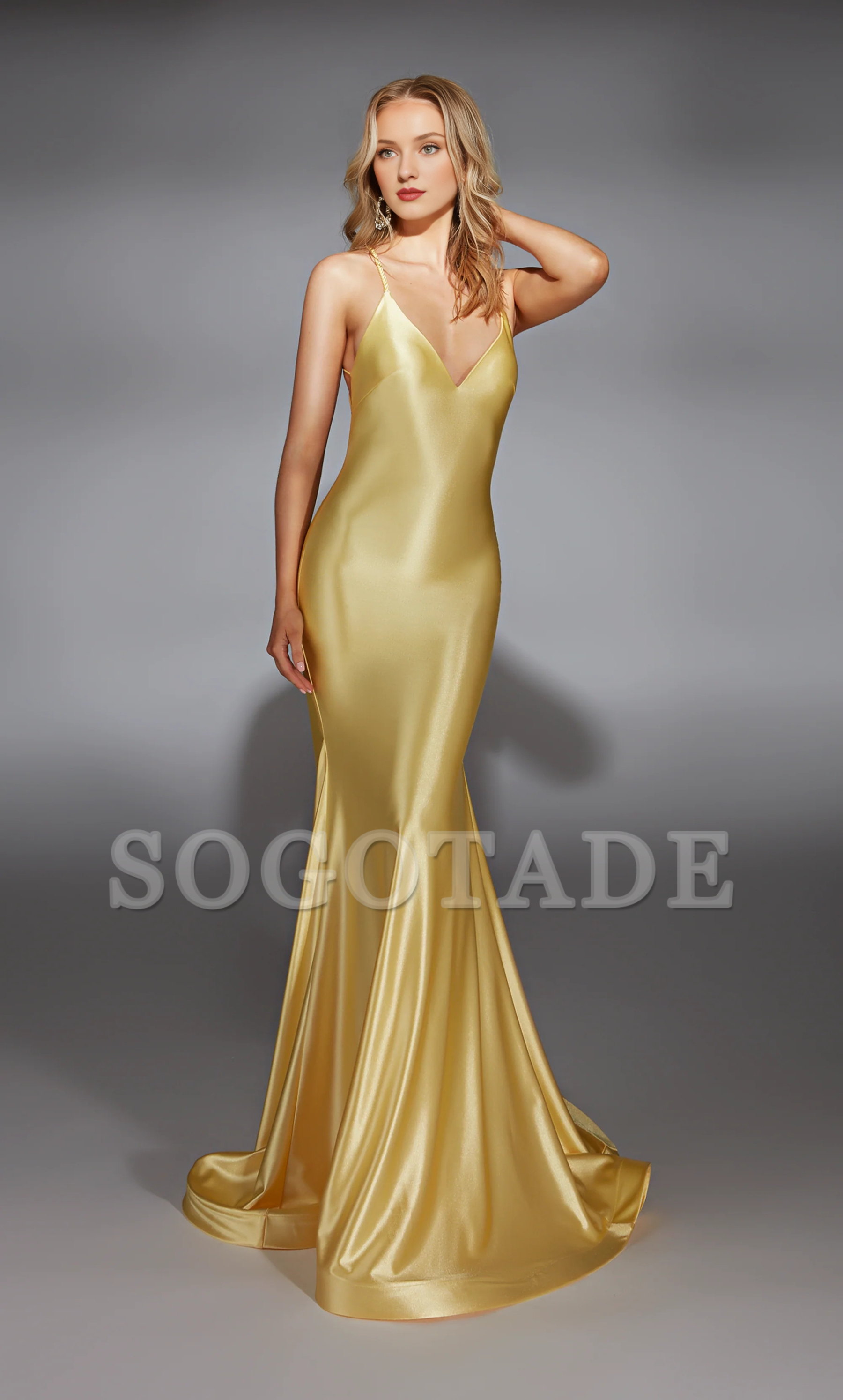 Satin V-neck slim fit evening gown trumpet shaped backless long formal dress