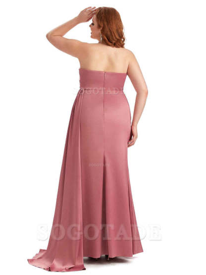 Sexy Side Slit Strapless Mermaid Lace Soft Satin Long Plus Size Maid of Honor Dresses