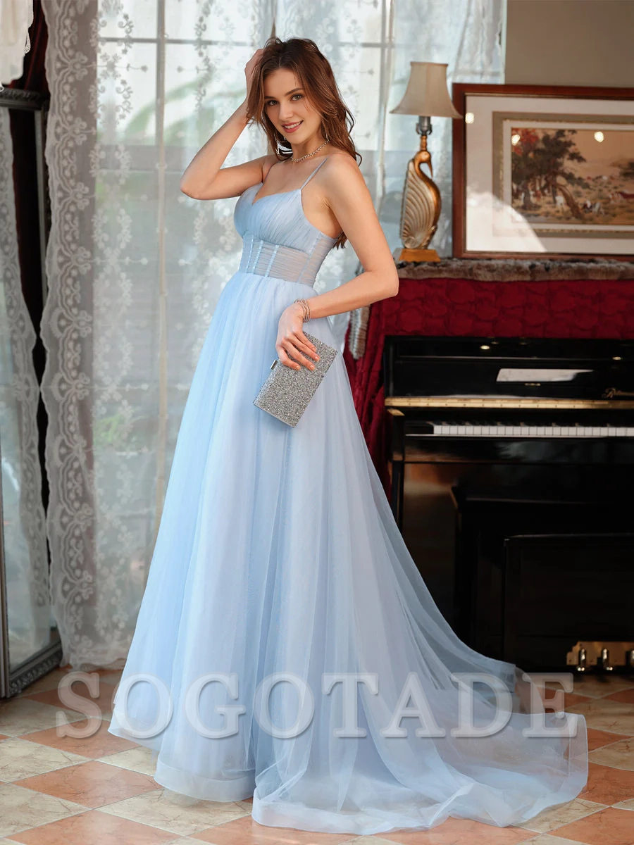 A-line princess thin shoulder strap slit sleeveless long ball gown
