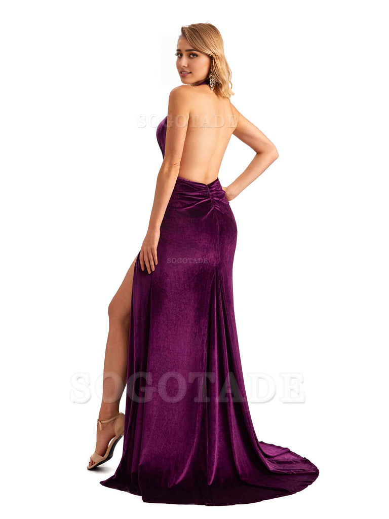 Sexy Deep V Neck Backless Mermaid Halter Side Slit Velvet Long Bridesmaid Dresses Online