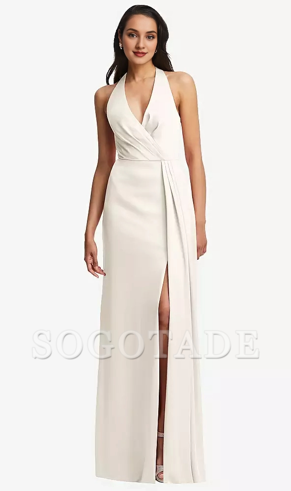 Pleated V-neck back slit horn and floor length Prom dress
