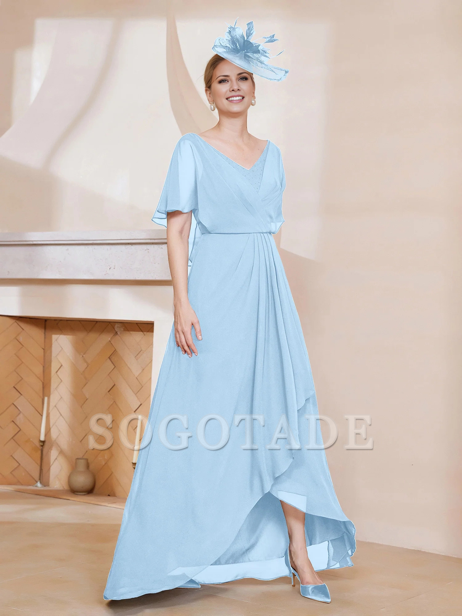 V-neck ruffle sleeves asymmetrical mother of the bride dress