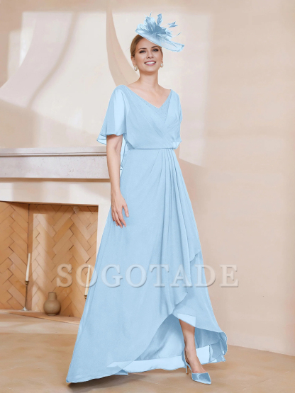 V-neck ruffle sleeves asymmetrical mother of the bride dress