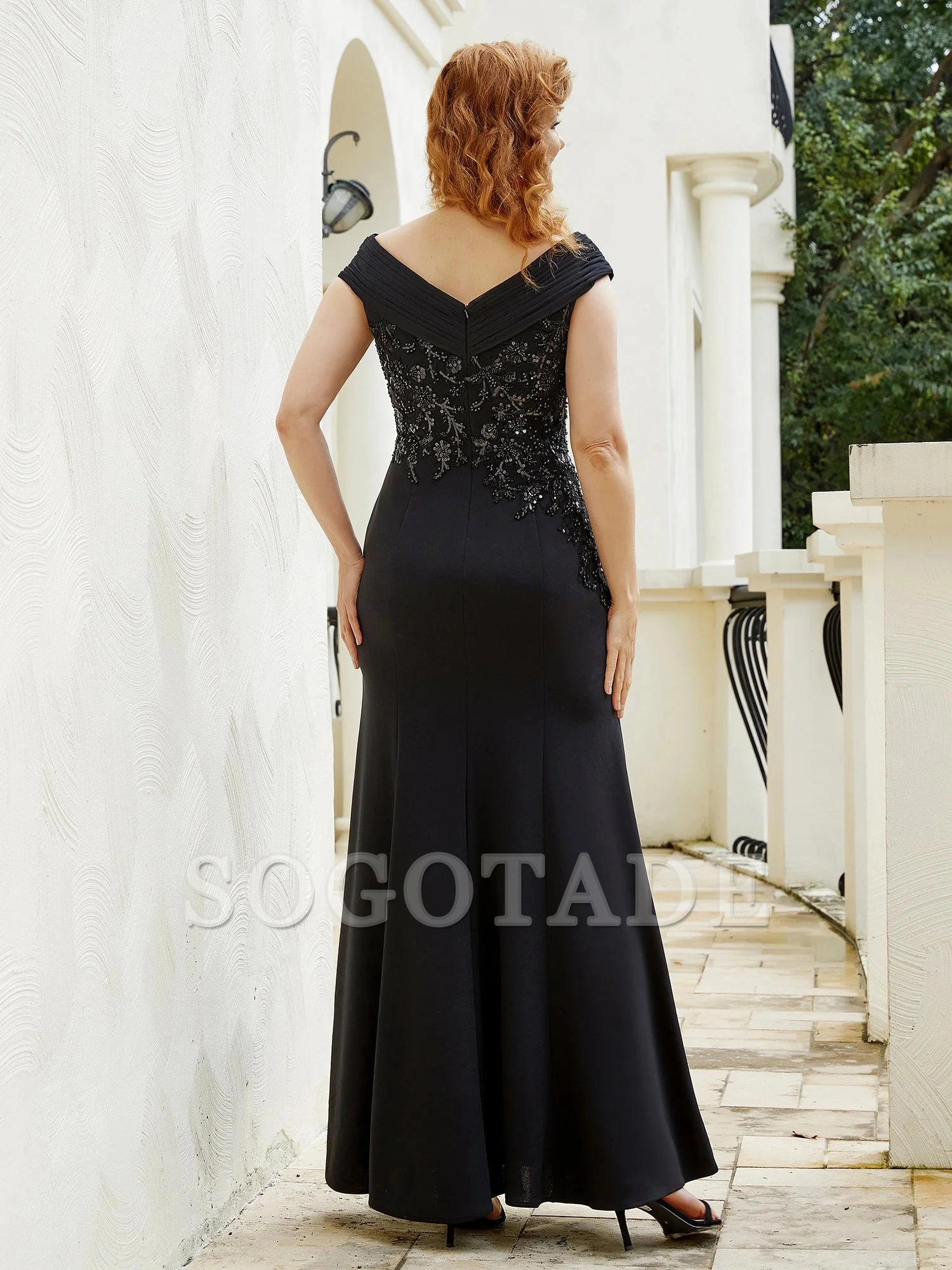 V-neck cap sleeves with slit beads mother of the bride dress