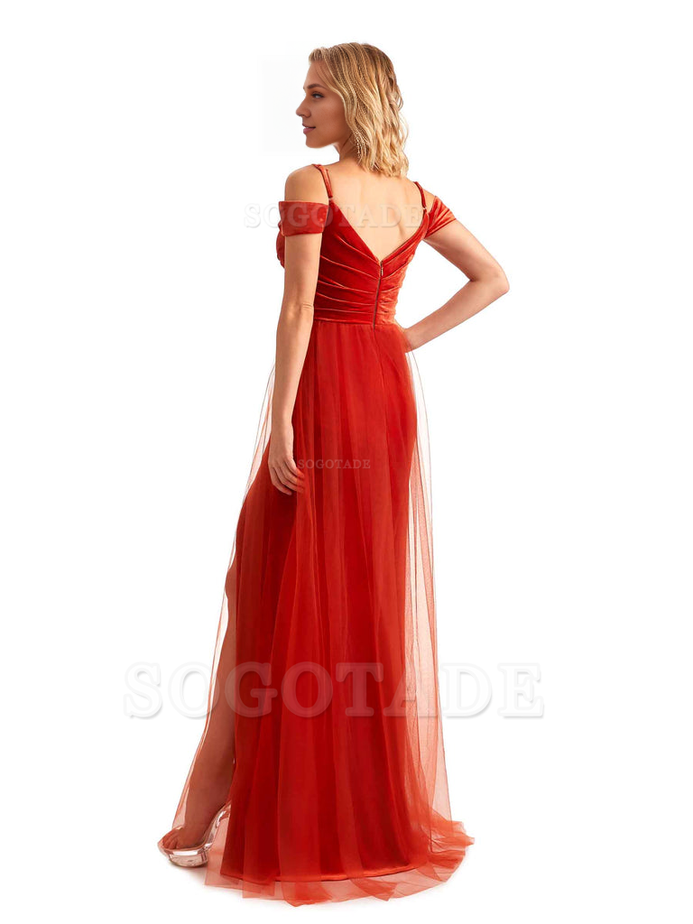 Elegant Mermaid Spaghetti Straps Floor Length Cold Shoulder Side Slit Tulle Velvet Long Bridesmaid Dresses