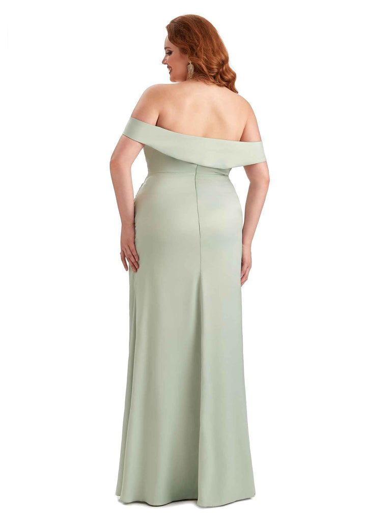 Sexy Side Slit Off Shoulder Mermaid Soft Satin Long Plus Size Bridesmaid Gowns For Wedding