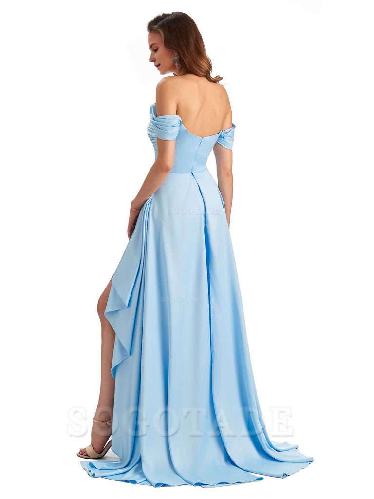 Sexy Side Slit Mermaid Soft Satin Off The Shoulder Long Unique Bridesmaid Dresses prom dress in store