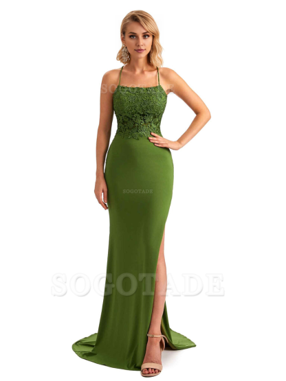 Sexy Side Slit Spaghetti Straps Open Back Mermaid Lace Applique Long Formal Bridesmaid Dresses