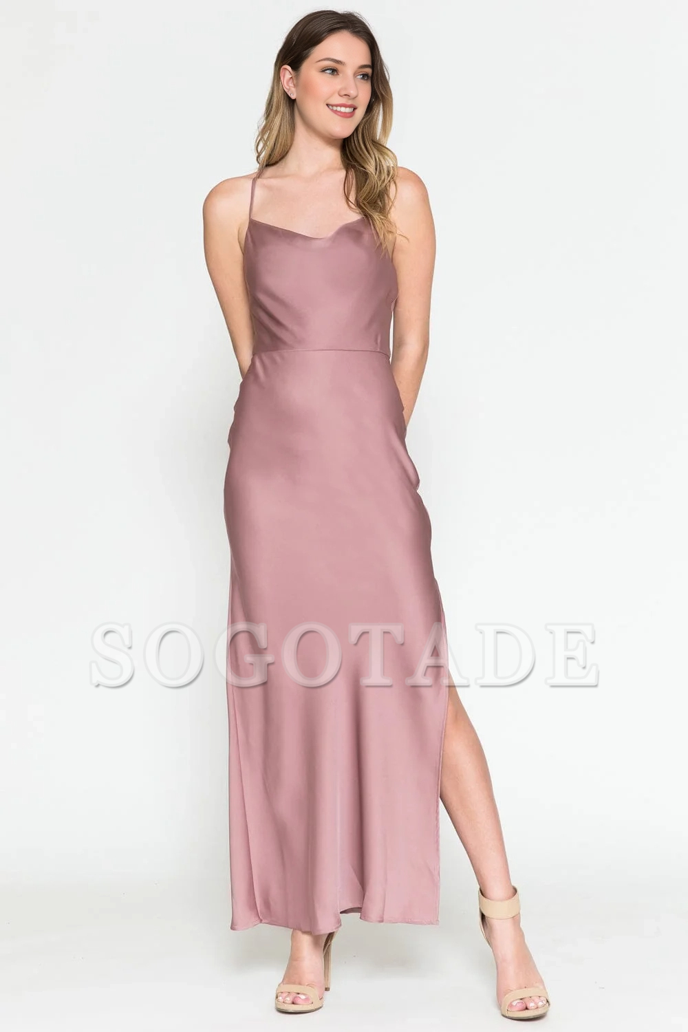 Fitted slit skirt long sleeveless high neck satin dress