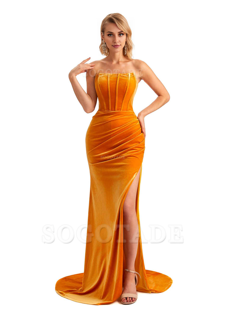  Sexy Side Hight Slit Sleeveless Mermaid Strapless Velvet Long Bridesmaid Dresses Online