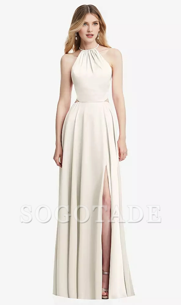 Hanging neck cross strap pleated back strap hollowed out long Prom dress