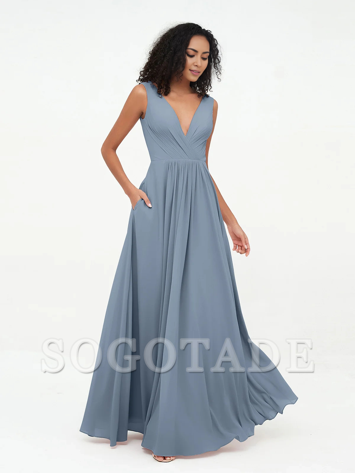 V-neck chiffon long pocket dress