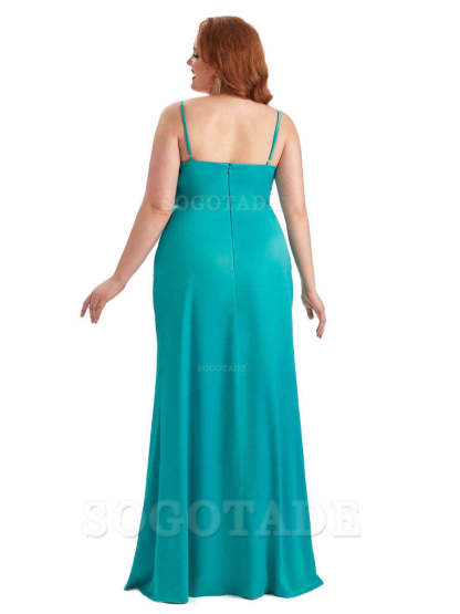 Sexy Side Slit Spaghetti Straps Mermaid Soft Satin Long Plus Size Maid of Honor Dresses