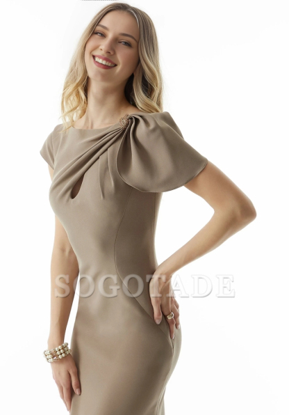 crepe fabric one neck short sleeved tight corset shoulder bow evening dress