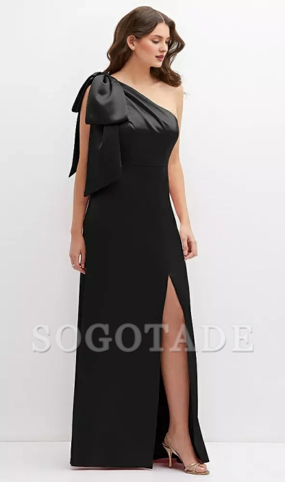Unique oversized shoulder bow one shoulder satin long Prom dress
