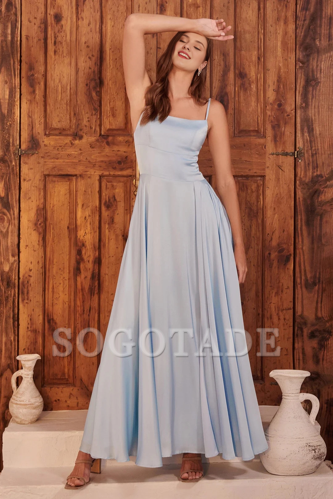A-line slit skirt satin long sleeveless dress