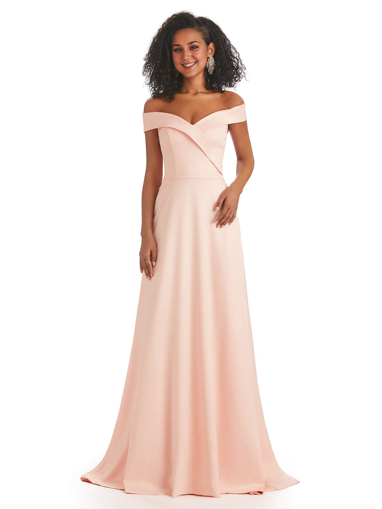 Soft Satin Off The Shoulder Long A-Line African Bridesmaid Dresses prom dress stores ﻿