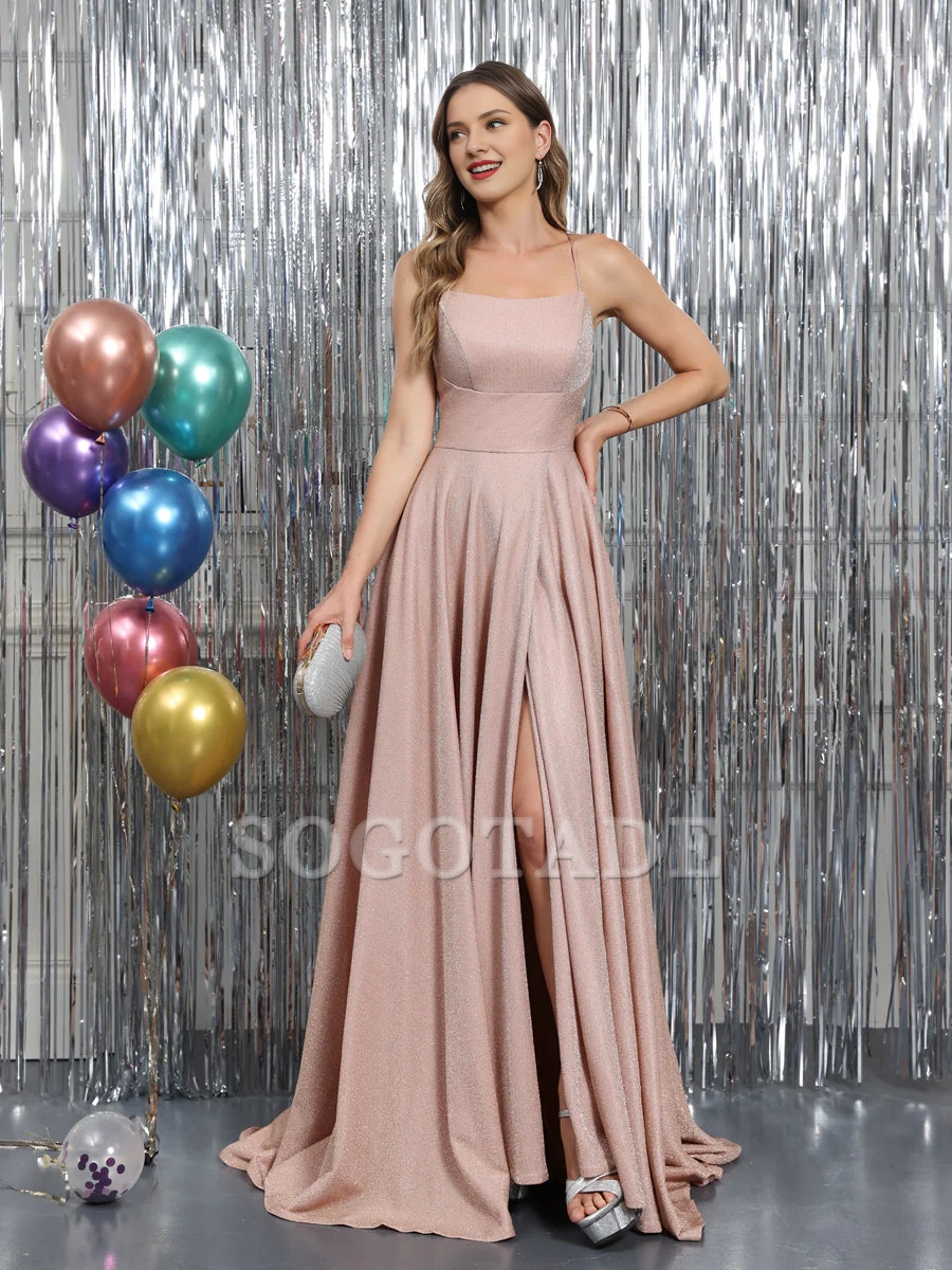 A-line sleeveless metal Lulux slim shoulder strap long ball gown