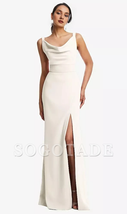 Front slit bucket collar wide shoulder strap crepe horn and floor length Prom dress