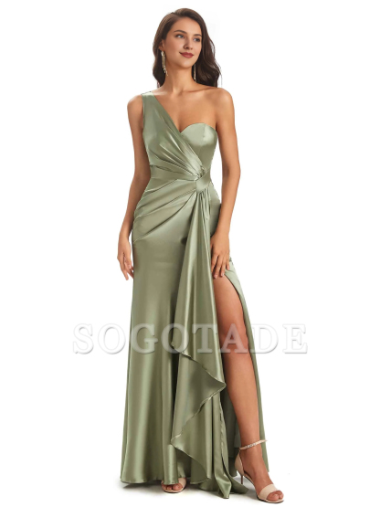 Elegant and soft satin side slit one shoulder unique fish tail bridesmaid dress